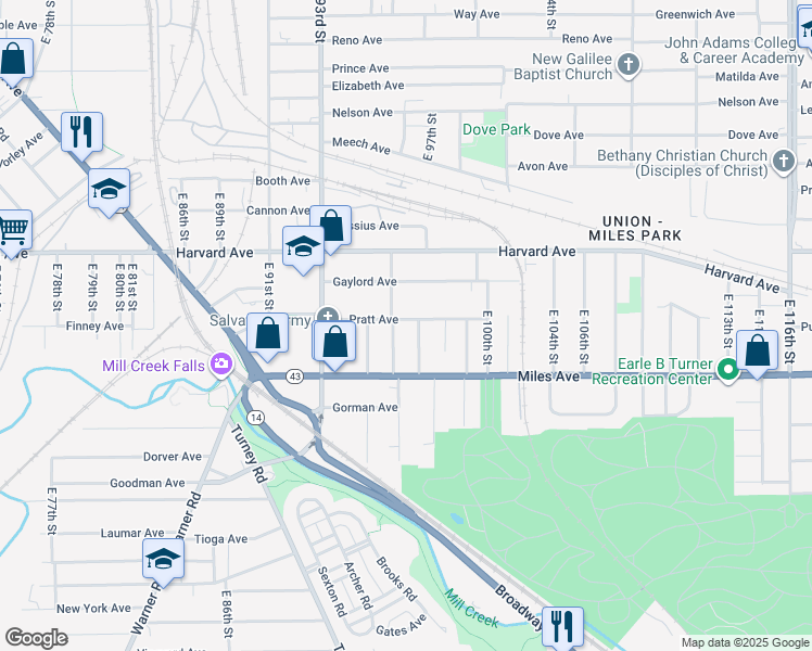 map of restaurants, bars, coffee shops, grocery stores, and more near 9512 Pratt Avenue in Cleveland