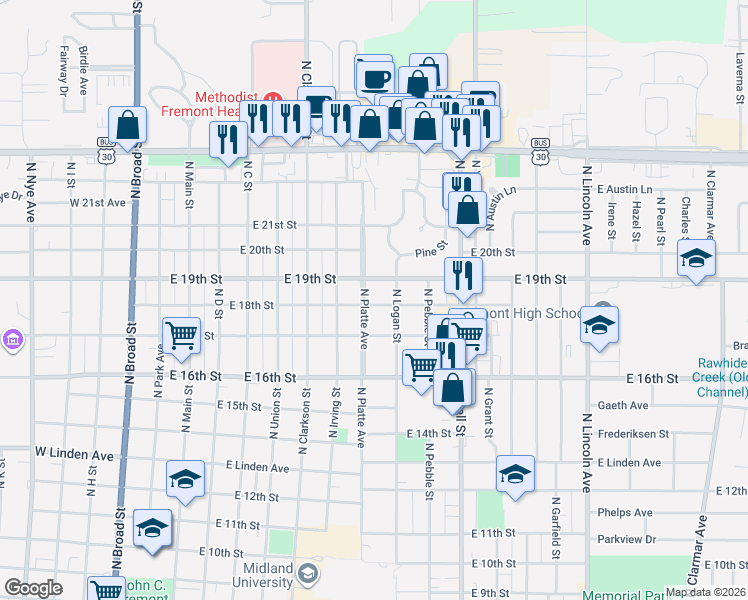 map of restaurants, bars, coffee shops, grocery stores, and more near 1760 North Platte Avenue in Fremont