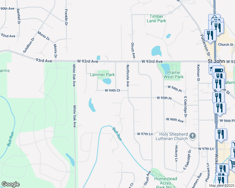 map of restaurants, bars, coffee shops, grocery stores, and more near 9500-9554 Acorn Drive in Saint John