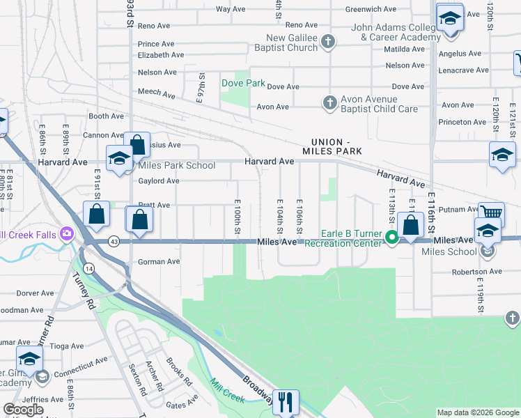 map of restaurants, bars, coffee shops, grocery stores, and more near L Erie Court in Cleveland