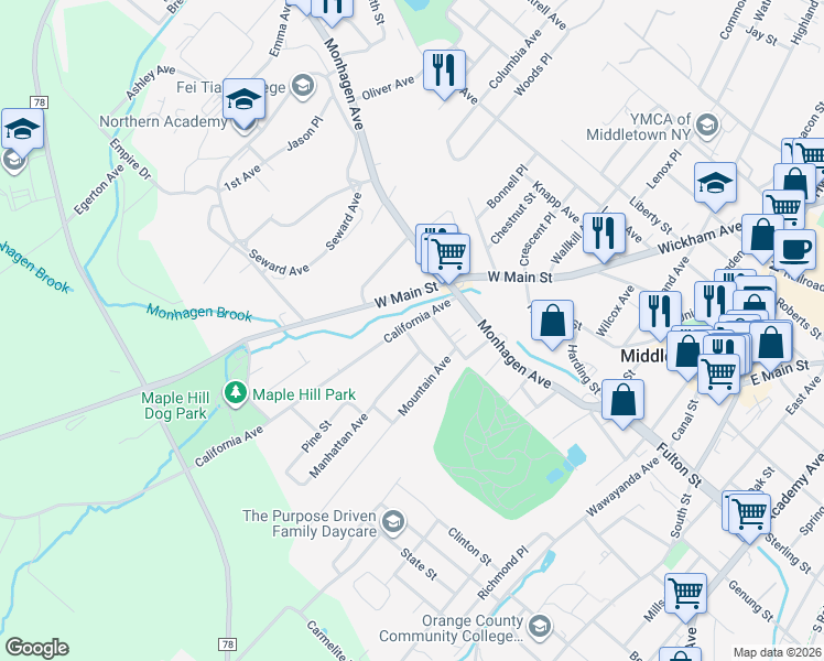 map of restaurants, bars, coffee shops, grocery stores, and more near 32 California Avenue in Middletown