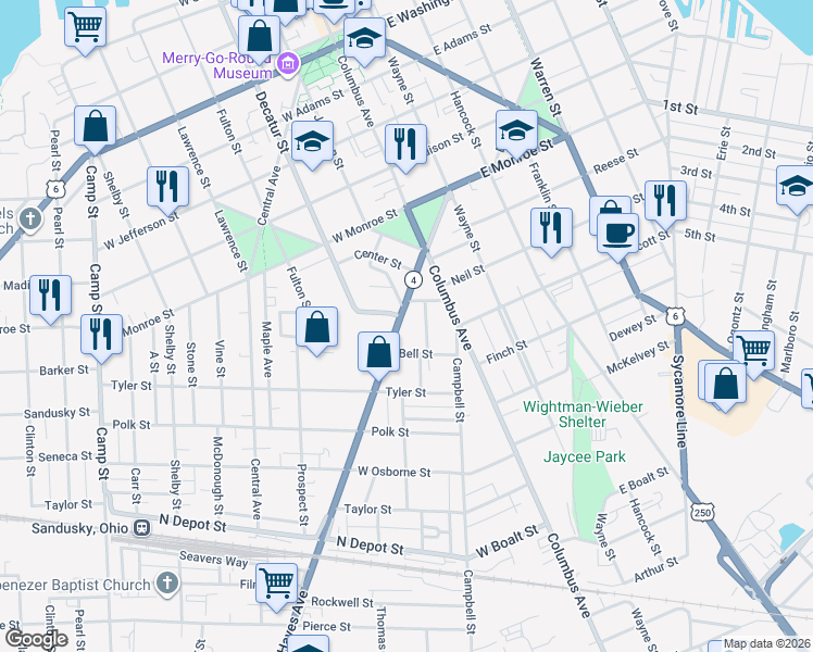 map of restaurants, bars, coffee shops, grocery stores, and more near 1030 Wright Brothers Memorial Highway in Sandusky