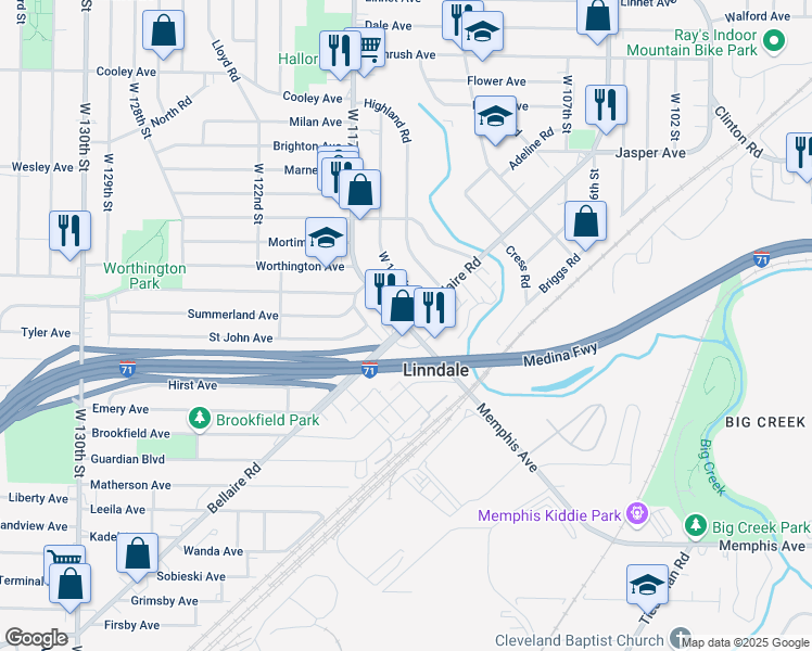 map of restaurants, bars, coffee shops, grocery stores, and more near W 117th St & Bellaire Rd in Linndale