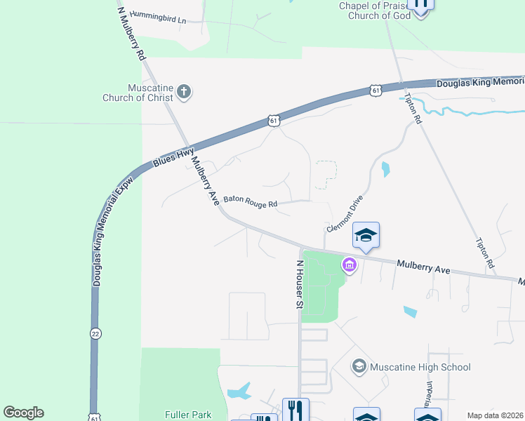 map of restaurants, bars, coffee shops, grocery stores, and more near 3322 Baton Rouge Road in Muscatine
