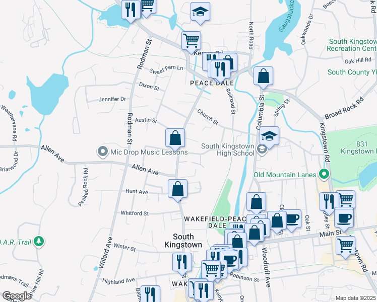 map of restaurants, bars, coffee shops, grocery stores, and more near 20 Oak Dell Street in South Kingstown