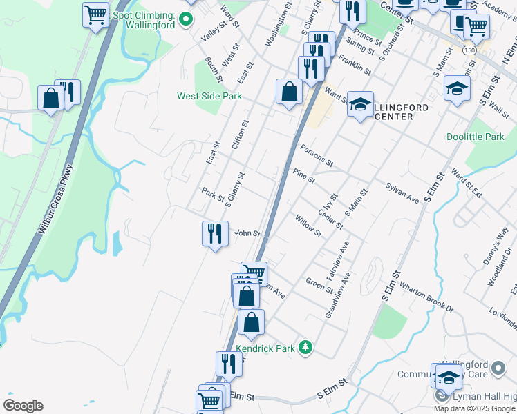 map of restaurants, bars, coffee shops, grocery stores, and more near 1 Dudley Avenue in Wallingford