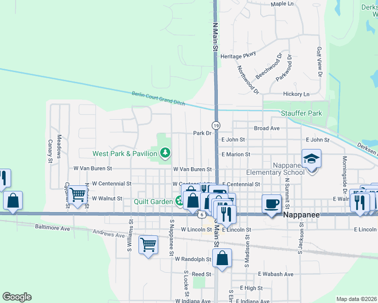 map of restaurants, bars, coffee shops, grocery stores, and more near 504 N Locke St in Nappanee