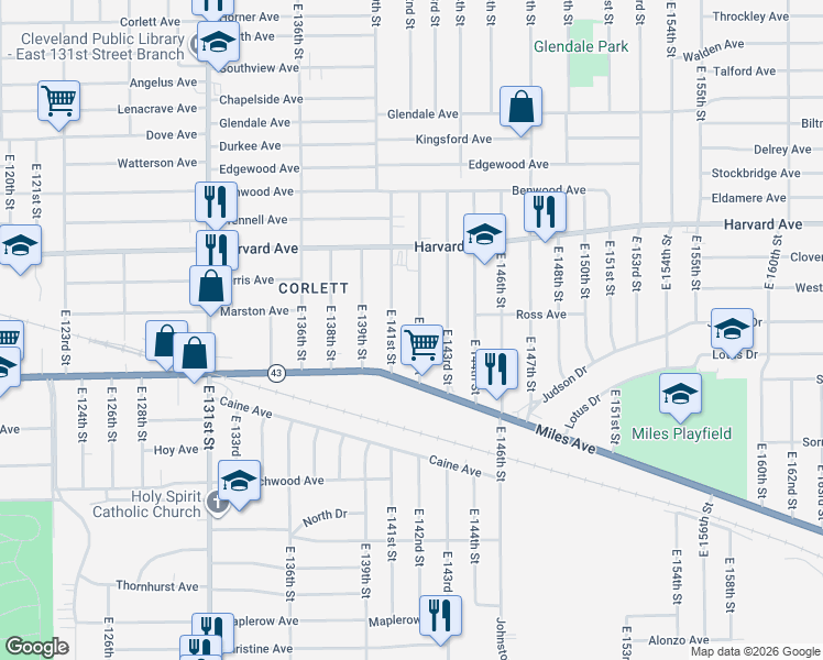 map of restaurants, bars, coffee shops, grocery stores, and more near 4139 East 141st Street in Cleveland