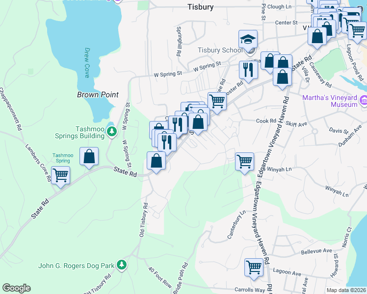 map of restaurants, bars, coffee shops, grocery stores, and more near 392 State Road in Tisbury