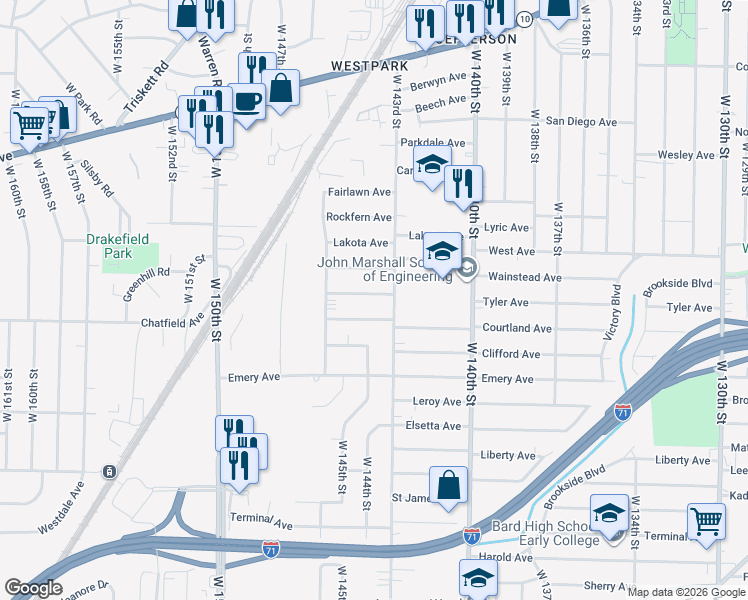 map of restaurants, bars, coffee shops, grocery stores, and more near 14319 Ledgewood Avenue in Cleveland