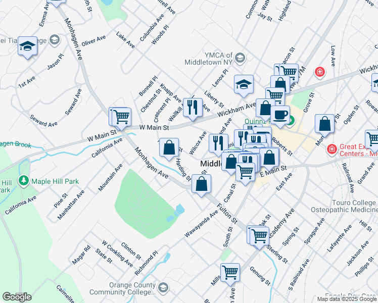 map of restaurants, bars, coffee shops, grocery stores, and more near 36 Hanford Street in Middletown