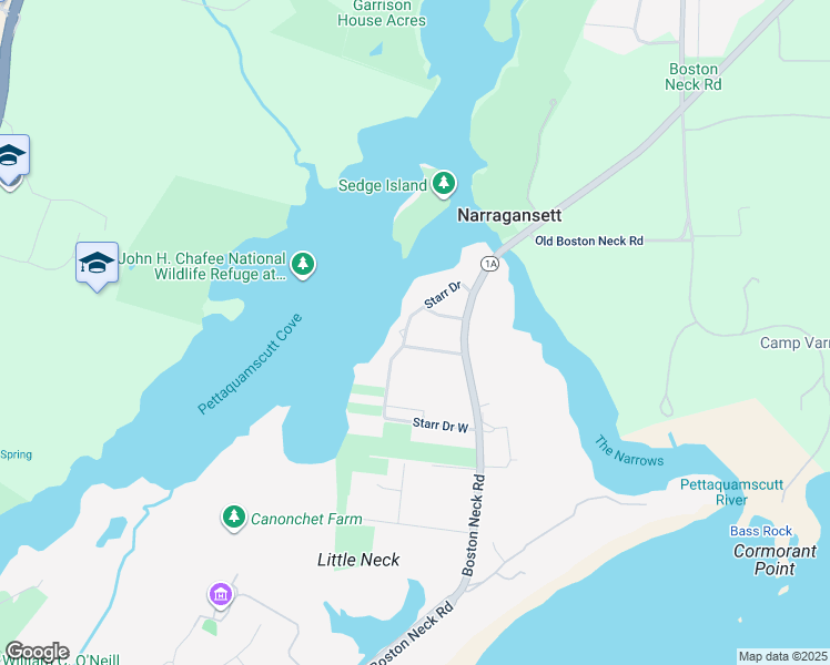 map of restaurants, bars, coffee shops, grocery stores, and more near 63 Starr Drive in Narragansett