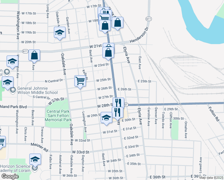 map of restaurants, bars, coffee shops, grocery stores, and more near 2614 Broadway in Lorain