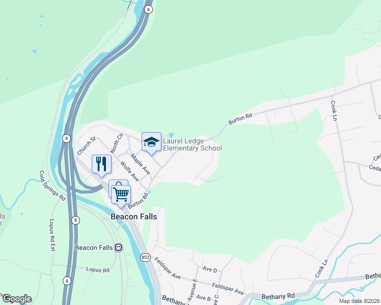 map of restaurants, bars, coffee shops, grocery stores, and more near 136 Burton Road in Beacon Falls