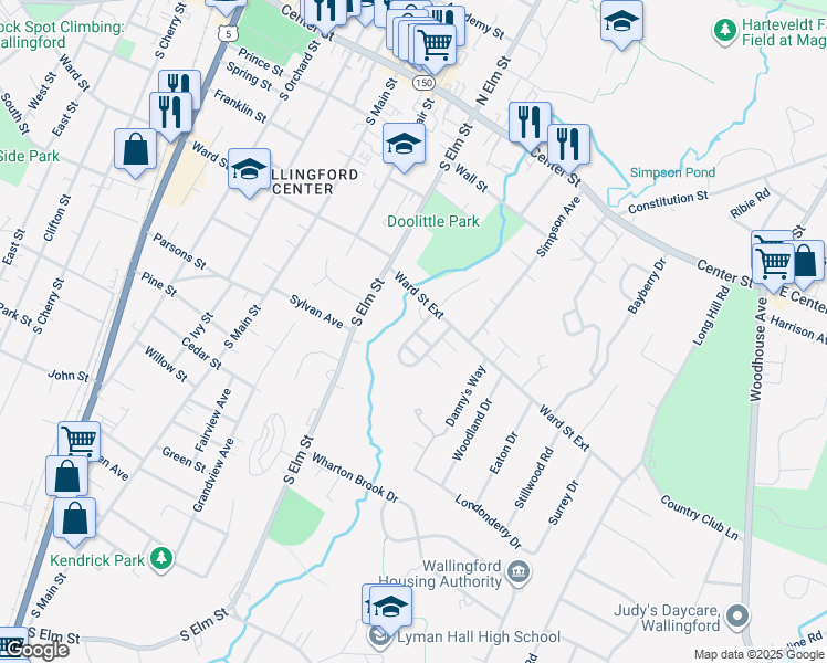 map of restaurants, bars, coffee shops, grocery stores, and more near 6 Olde Village Circle in Wallingford