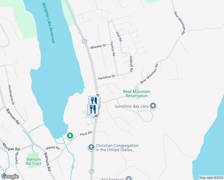 map of restaurants, bars, coffee shops, grocery stores, and more near 18 Spring Ridge Court in Danbury