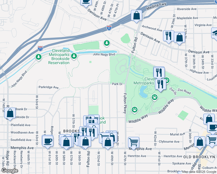 map of restaurants, bars, coffee shops, grocery stores, and more near 4045 West 49th Street in Cleveland