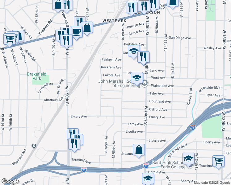 map of restaurants, bars, coffee shops, grocery stores, and more near 14319 Ledgewood Avenue in Cleveland