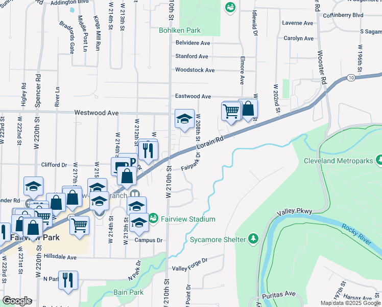 map of restaurants, bars, coffee shops, grocery stores, and more near 20814 Fairpark Drive in Fairview Park