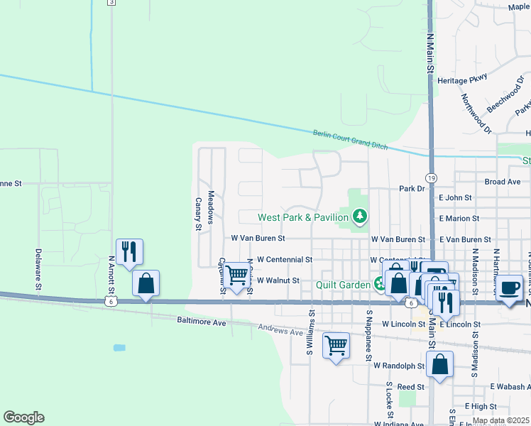 map of restaurants, bars, coffee shops, grocery stores, and more near 501 Heather Boulevard in Nappanee