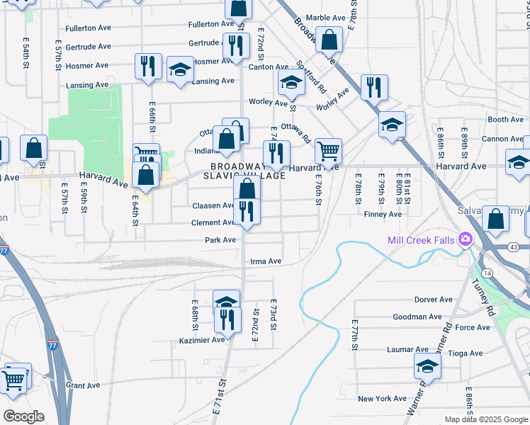 map of restaurants, bars, coffee shops, grocery stores, and more near 7199 Clement Avenue in Cleveland