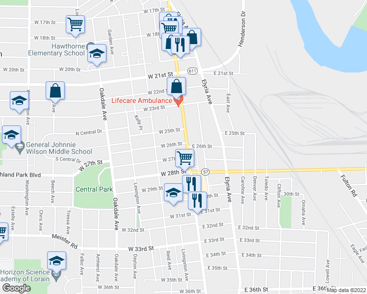 map of restaurants, bars, coffee shops, grocery stores, and more near 2614 Broadway Avenue in Lorain