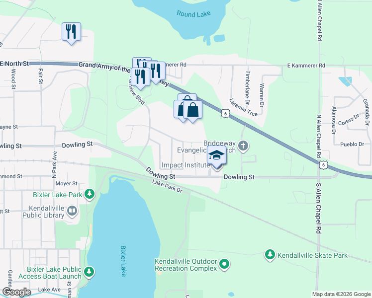 map of restaurants, bars, coffee shops, grocery stores, and more near 209 Valley Meadows Lane in Kendallville