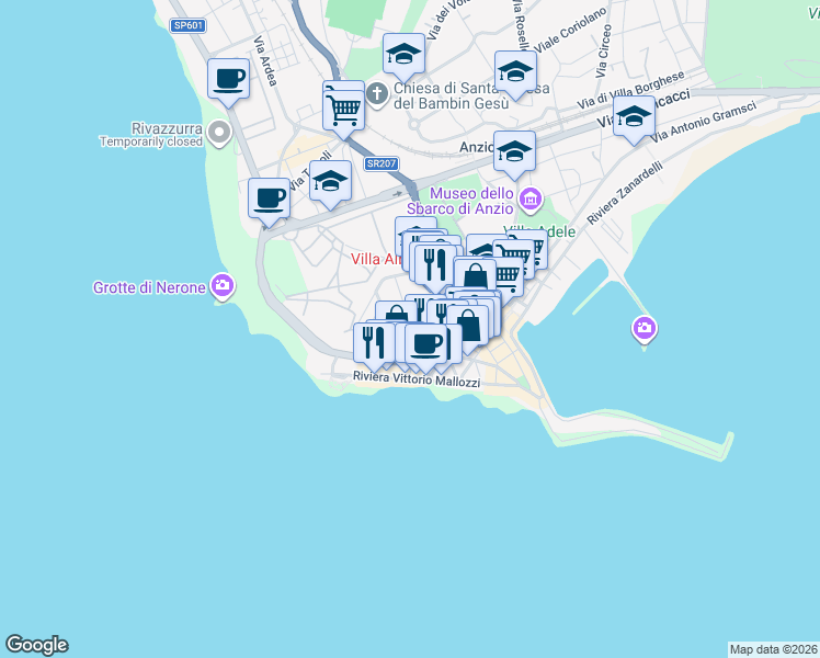 map of restaurants, bars, coffee shops, grocery stores, and more near 2A Via del Risorgimento in Anzio