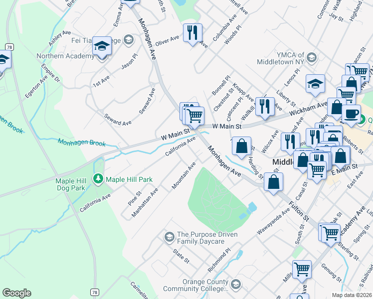 map of restaurants, bars, coffee shops, grocery stores, and more near 7 Wells Avenue in Middletown