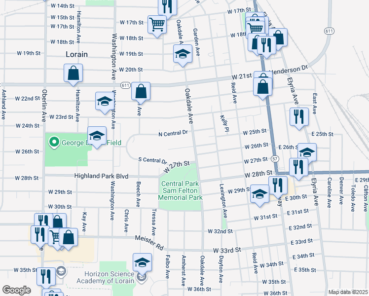 map of restaurants, bars, coffee shops, grocery stores, and more near 617 West 25th Street in Lorain