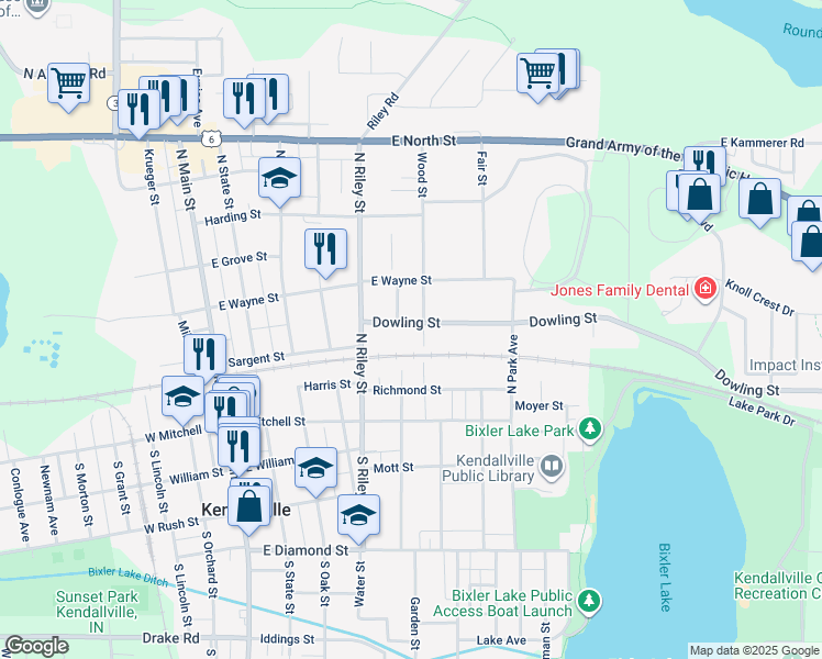 map of restaurants, bars, coffee shops, grocery stores, and more near 544 Dowling Street in Kendallville