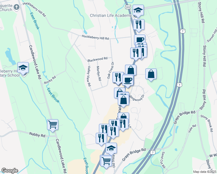 map of restaurants, bars, coffee shops, grocery stores, and more near 25 Oak Crest Drive in Brookfield