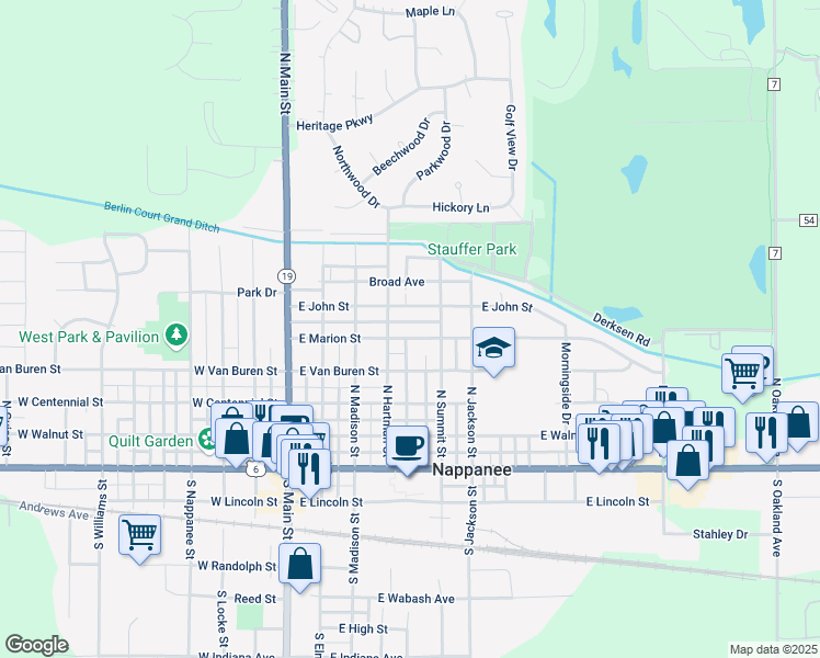 map of restaurants, bars, coffee shops, grocery stores, and more near 452 E Marion St in Nappanee