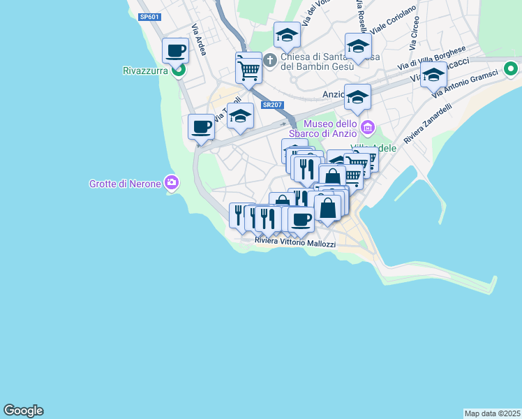 map of restaurants, bars, coffee shops, grocery stores, and more near 18 Via Luigi Mazza in Anzio