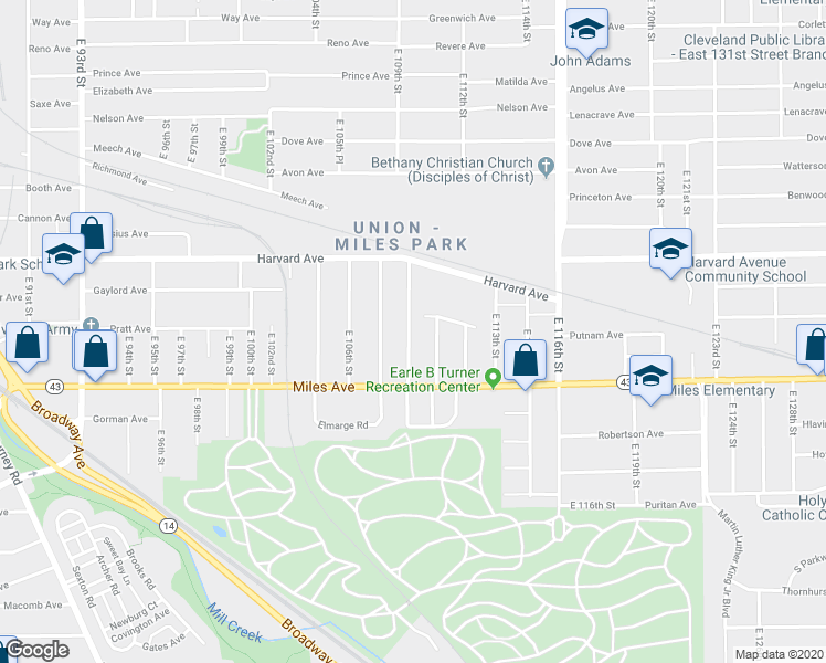 map of restaurants, bars, coffee shops, grocery stores, and more near 4134 East 110th Street in Cleveland