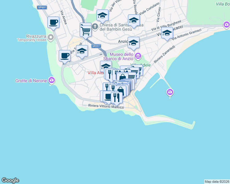 map of restaurants, bars, coffee shops, grocery stores, and more near 10 Via del Faro in Anzio