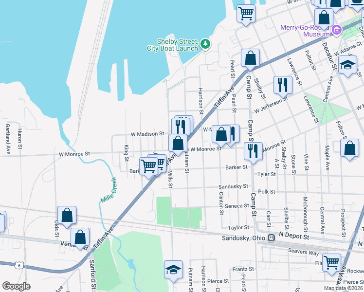 map of restaurants, bars, coffee shops, grocery stores, and more near 649 Tiffin Avenue in Sandusky
