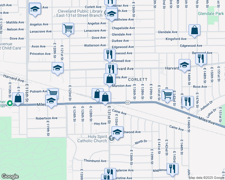 map of restaurants, bars, coffee shops, grocery stores, and more near 4127 East 131st Street in Cleveland