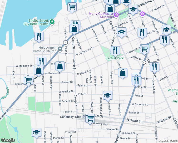 map of restaurants, bars, coffee shops, grocery stores, and more near 916 Shelby Street in Sandusky