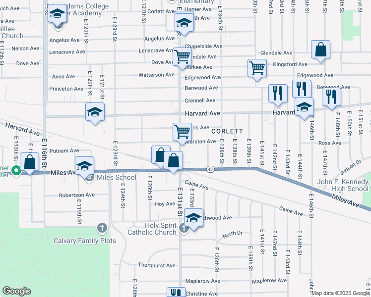map of restaurants, bars, coffee shops, grocery stores, and more near 4127 East 131st Street in Cleveland