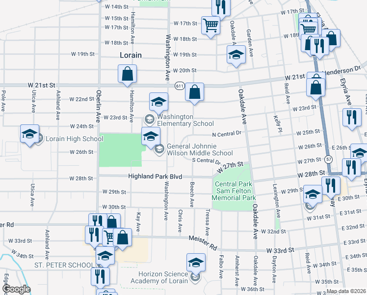 map of restaurants, bars, coffee shops, grocery stores, and more near 936 South Central Drive in Lorain