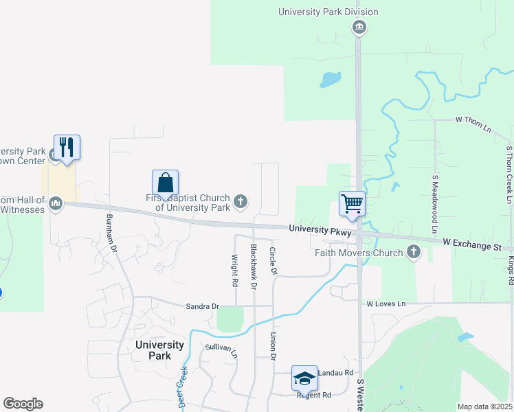map of restaurants, bars, coffee shops, grocery stores, and more near 450 University Parkway in University Park