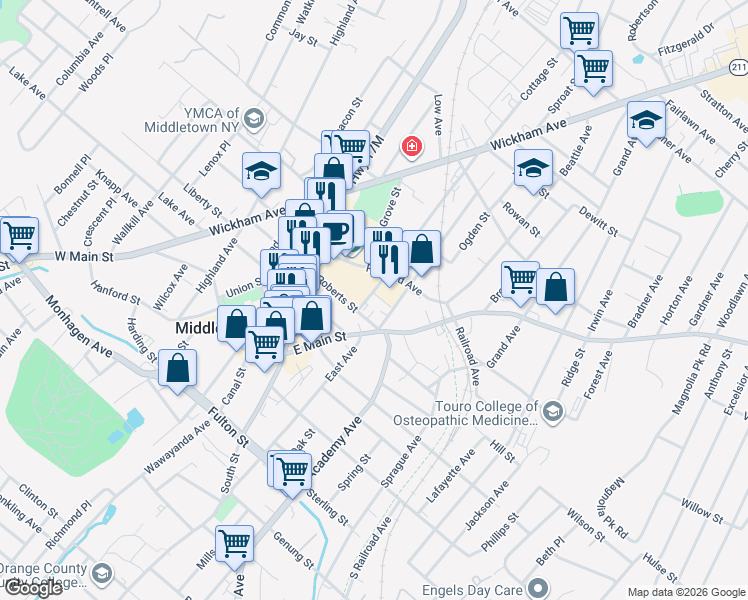 map of restaurants, bars, coffee shops, grocery stores, and more near 11 Roberts Street in Middletown