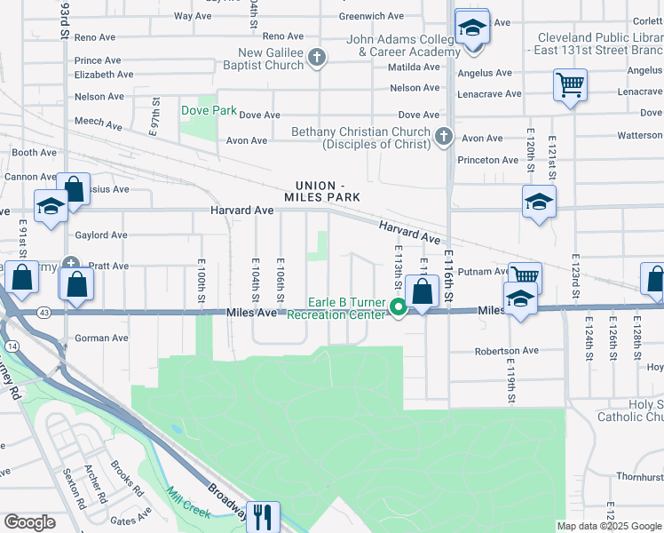 map of restaurants, bars, coffee shops, grocery stores, and more near 4134 East 110th Street in Cleveland