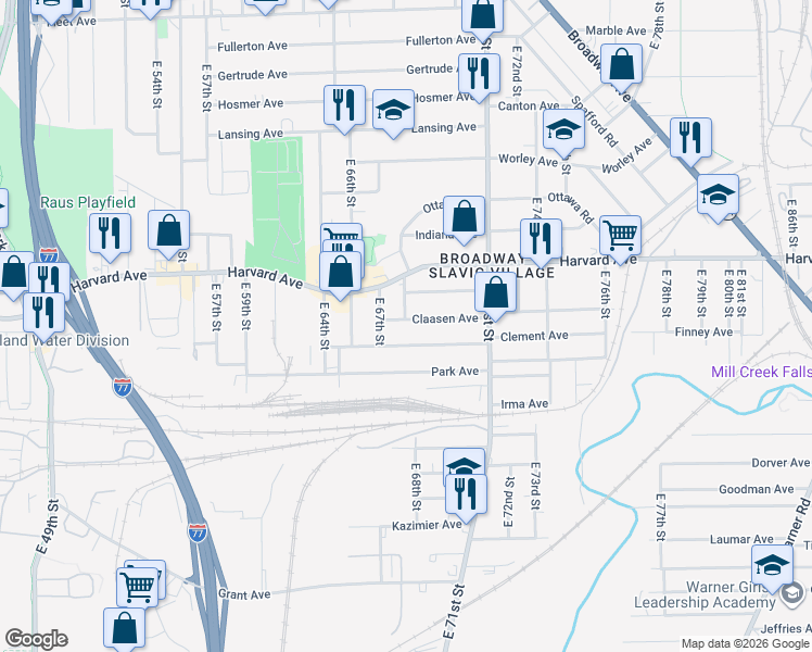 map of restaurants, bars, coffee shops, grocery stores, and more near 6801 Clement Avenue in Cleveland