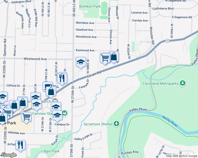 map of restaurants, bars, coffee shops, grocery stores, and more near 20665 Lorain Road in Fairview Park