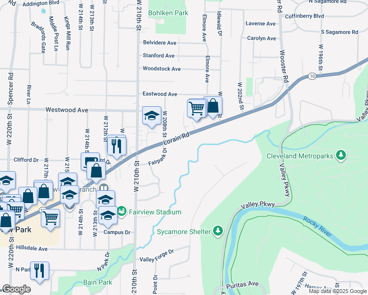 map of restaurants, bars, coffee shops, grocery stores, and more near 20665 Lorain Road in Fairview Park
