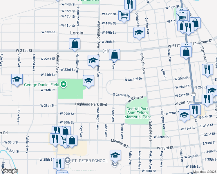 map of restaurants, bars, coffee shops, grocery stores, and more near 936 South Central Drive in Lorain