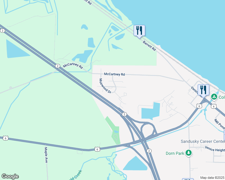 map of restaurants, bars, coffee shops, grocery stores, and more near 355 Windswood Way in Sandusky