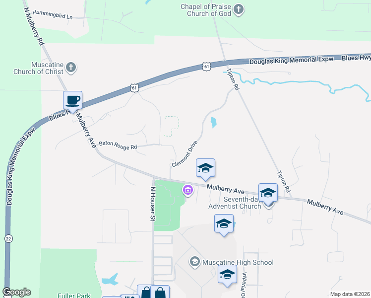map of restaurants, bars, coffee shops, grocery stores, and more near 3110 Clermont Drive in Muscatine
